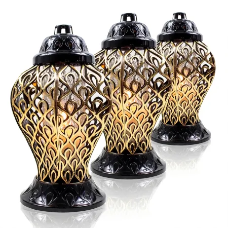 Zestaw 3 Eleganckich zniczy wazon ze złotym zdobieniem Lampion Pamięci